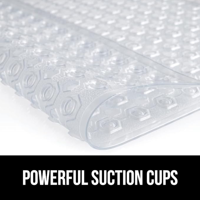 GORILLA GRIP Patented Bath Tub Shower Mat, 2 Pack, Machine Washable Bathtub Floor Liner Mats, Suction Cups and Drain Holes to Keep Tubs Clean, Soft on Feet, Bathroom Essentials, 35x16 Inch, Clear