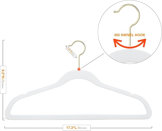 Korpai 50 Pack White Velvet Hangers,Coat Hanger Non Slip,Heavy-Duty,Space Saving,Slim Clothes Hangers for Pants,Outfit,Skirts,Suits,Coats,Dresses ect.Felt Hangers with Gold 360°Swivel Hook