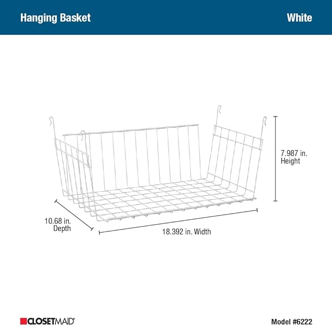 ClosetMaid Wire Hanging Shelf Basket for Storage, Organization in Closet or Pantry, No Assembly or Installation, Durable, White
