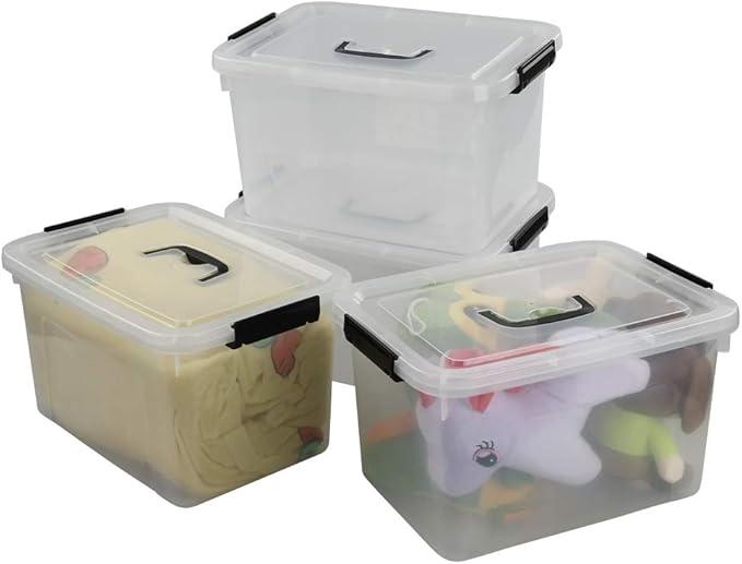 Begale 10.5 Quart Plastic Medium Storage Container, Clear Latch Bin with Handle and Lid, 4-Pack