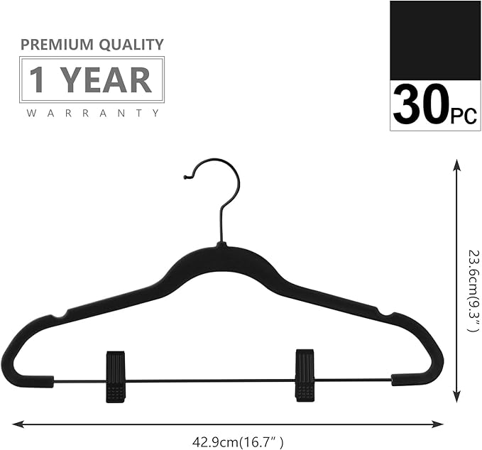 MIZGI Premium All Black Velvet Pants Hangers with Adjustable Clips (Pack of 30) Slim Skirt Hangers- Non Slip Felt Outfit Dress Hangers- Black Hooks,Space Saving Shirt Clothes Hangers