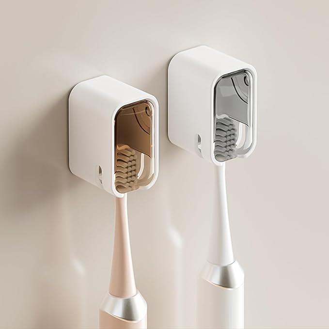 Wall Mounted Toothbrush Holders for Bathroom, 2 Pcs Strong Self Adhesive Tooth Brush Holder with Cover, Toothbrush Heads Organizer for Family, 1 Brown 1 Grey