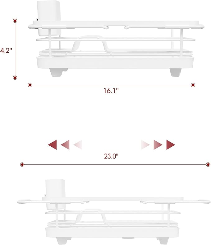 Extendable Dish Drying Rack Over Sink with Dish Drainer, Sink Organization and Storage Essentials with Silverware & Utensil Holder, Home and Apartment Decor, 12" W x 16.1~23" L, White