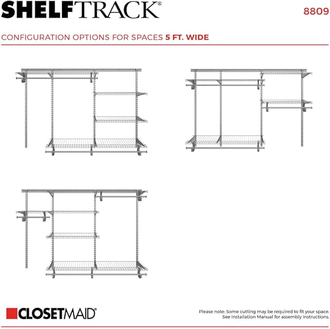 ClosetMaid ShelfTrack Wire Closet Organizer System, Adjustable from 5 to 8 Ft., With Shelves, Clothes Rods, Hardware, Durable Steel, Satin Chrome