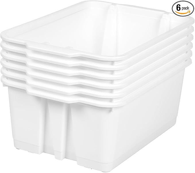 Really Good Stuff Stacking Bins, 14" x 10" x 5 .75" - 6 Pack, White, Stackable Storage Plastic Bins for Classroom Organization, Home Storage, Office & Hospital Supplies