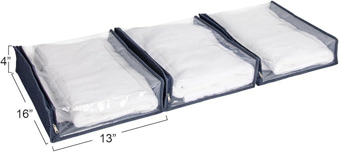 Household Essentials Under Bed Zippered Sweater Storage Bags with Clear Vision Panel, Set of 3, Denim