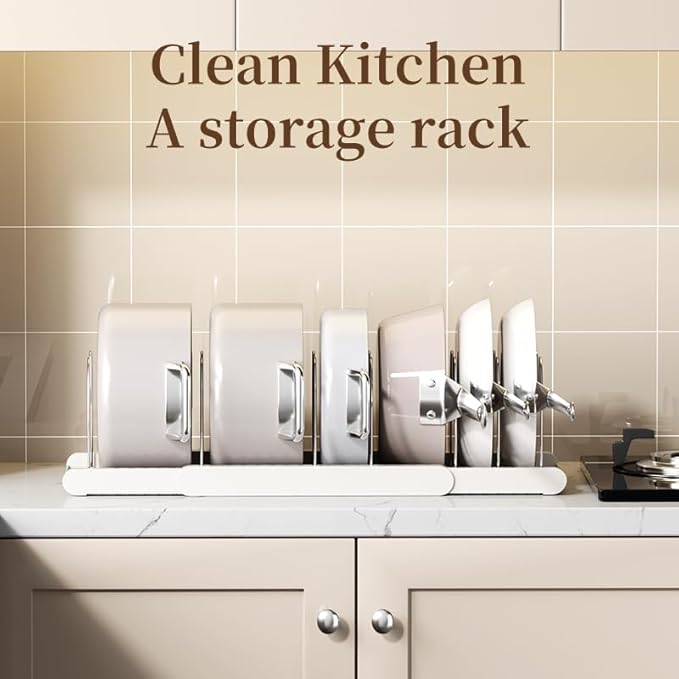 Pot Rack -Expandable Pan Organizer for Cabinet,Pot Lid Holder with 10 Adjustable Compartment for Kitchen Cabinet Cookware Baking Frying Rack,Apricot