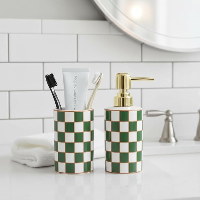 Bathroom Toothbrush Holder Set, Ceramic Checkered Soap Dispenser and Tooth Brush Holder Set, Modern Bathroom Accessories Sets Countertop, Black and White Checkered Bathroom Decor Set (Green)