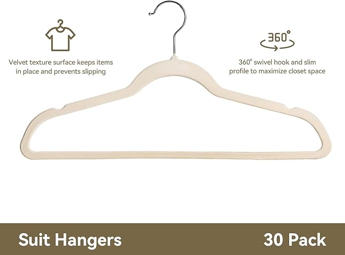 Premium Velvet Hangers 30 Pack, Non-Slip Suit Clothes Hangers, 360 Degree Swivel Hooks and Slim Profile to Maximize Closet Space Beige/Silver