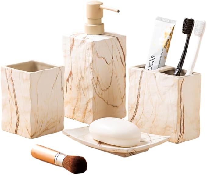 Bathroom Accessories Set 4 Pieces Toothbrush Holder Soap Dispenser Ceramic Bathroom Decor Set Contain Toothbrush Cup Soap Dish Tumbler Marble Brown