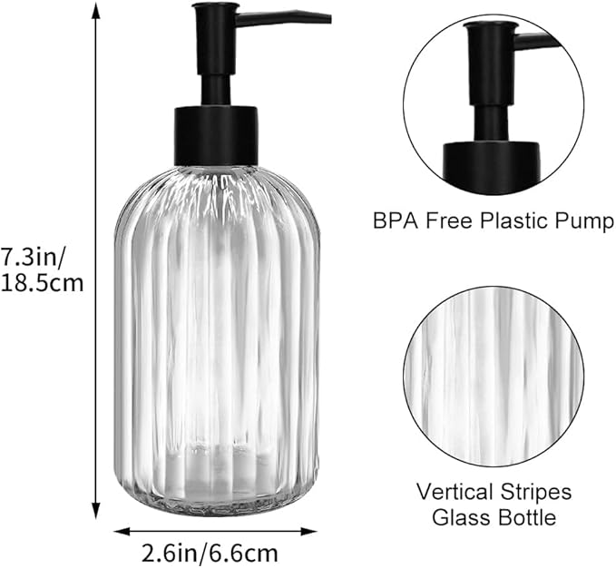 Pack of 2 Glass Soap Dispenser with Black Pump, 400 ml Refillable Pump Dispenser for Kitchen, Bathroom, Laundry Room, Liquid Glass Bottle for Washing Up Liquid, Shampoo, Conditioner (Clear)