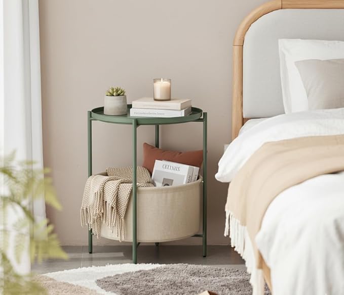danpinera Round Side Table with Fabric Storage Basket, Metal Side Table Small Bedside Nightstand with Removable Tray for Living Room, Bedroom, Nursery, Dark Green