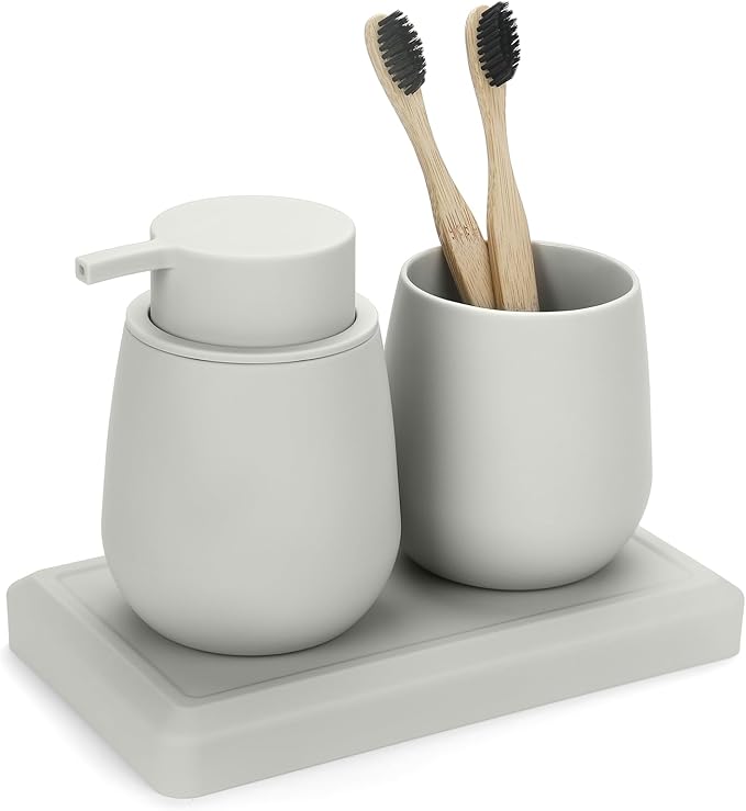 Bathroom Accessories Set, Modern 3 Pcs Bathroom Essentials - Soap Dispenser, Toothbrush Holder & Tray, Countertop Vanity Organizer (Beige)