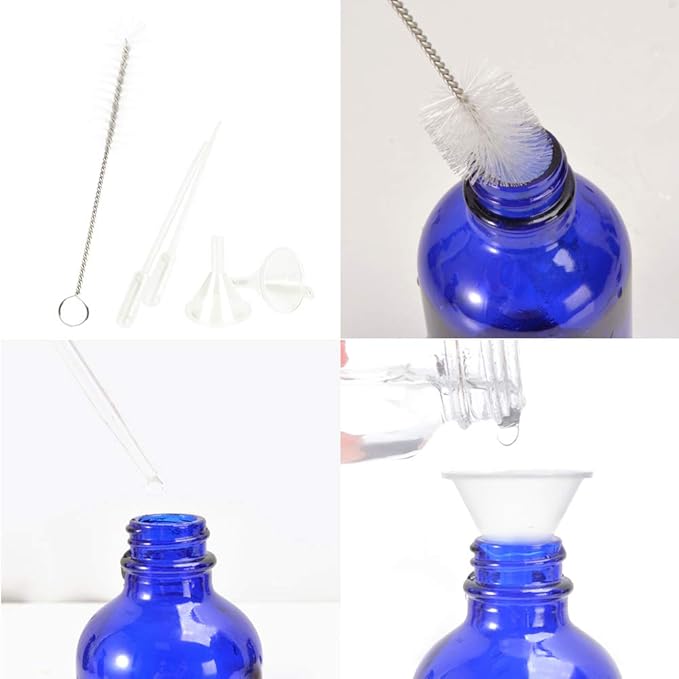 STARSIDE 16 Pack 120 ml 4oz Blue Glass Spray Bottles with Fine Mist Sprayer & Dust Cap for Essential Oils, Perfumes,Cleaning Products.Included 1 Brush,2 Funnels,2 Droppers & 18 Labels.