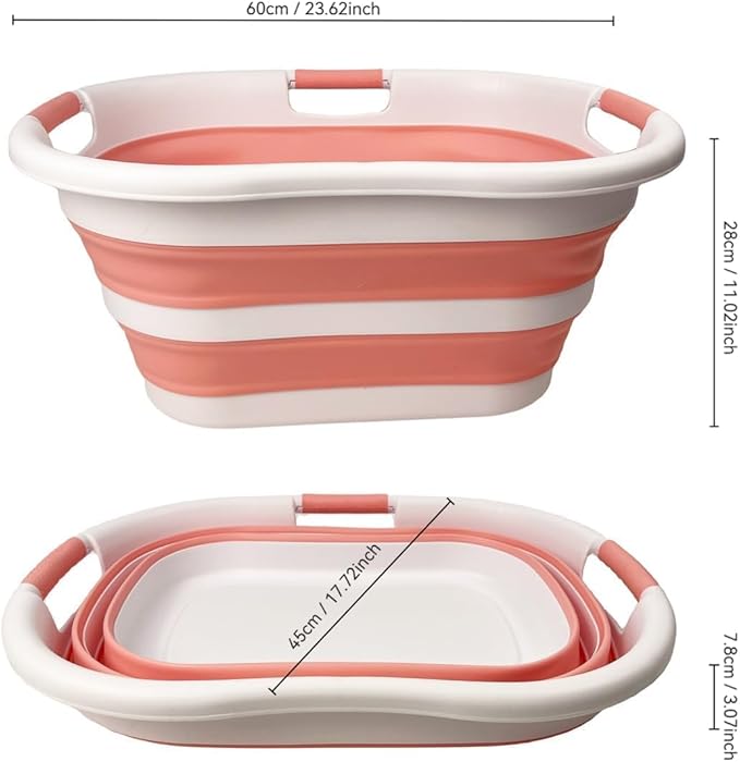 SAMMART 40L (10.5 gallon) Set of 2 Collapsible Plastic Laundry Hamper - Foldable Pop Up Storage Container/Organizer - Portable Washing Tub - Space Saving Basket (2, White/Quartz Pink)