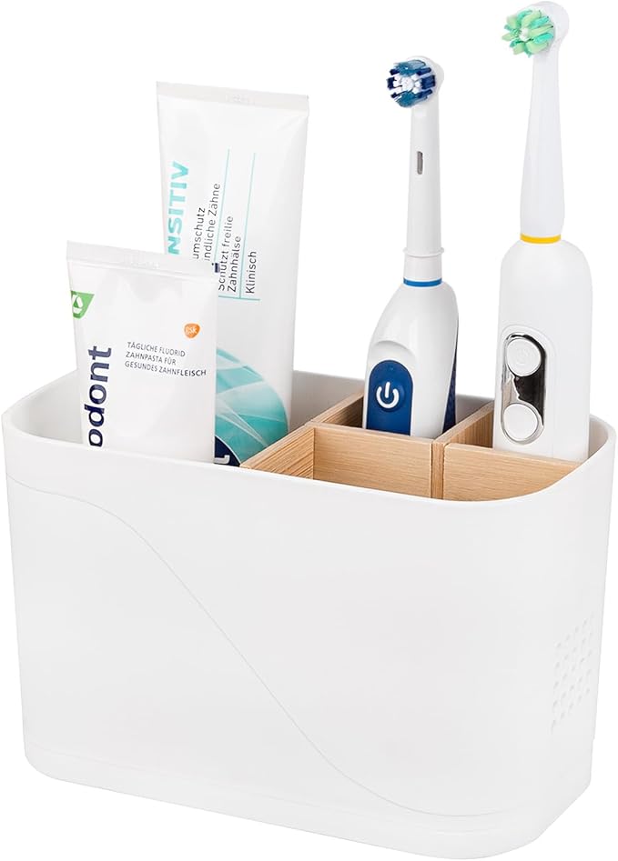 Toothbrush Holders for Bathrooms, Electric Tooth Brush Holder with Bamboo Dividers Kids Toothbrush and Toothpaste Organizer for Bathroom Countertop Accessories Storage, 4 Slots, White