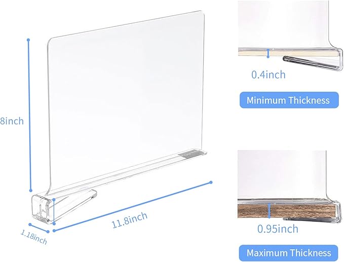 FQDAYANM Adjustable Closet Shelf Dividers 8 Pack - Acrylic Vertical Organizer for Cabinets, Kitchen, Pantry (Clear)