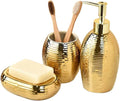 Gold Bathroom Accessory Set - 3 Piece Striped Style Decorative Ceramic Bathroom Accessories Sets with Lotion Soap Dispenser, Toothbrush Holder/Tumbler and Soap Dish, Golden Gift Set for New Home Decor