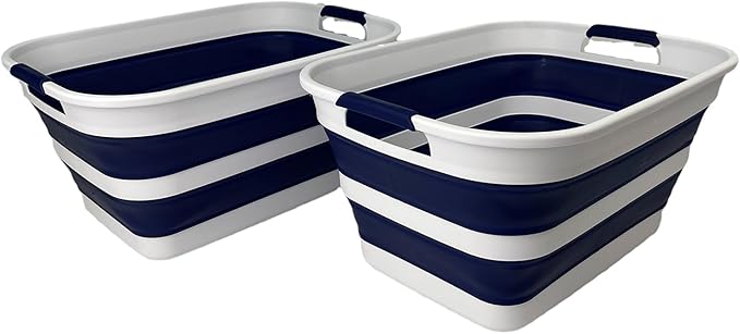 SAMMART Collapsible Plastic Laundry Basket with Handle/Foldable Pop Up Storage Hamper/Portable Laundry Organizer-Space Saving Washing Tub/Household Storage (White/Starry Blue, 27L (Set of 2))