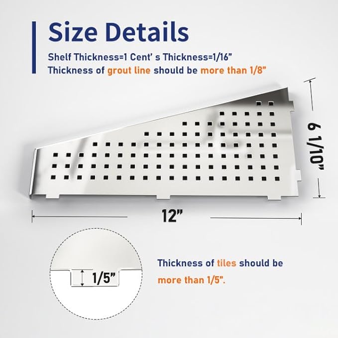 Bernkot Corner Shower Shelf 12" Polished 304 Stainless Steel Recessed Trapezoid Grout in Shelves with Grid Design Bathroom Shelf Racks for Tiled Wall, 2 Pack