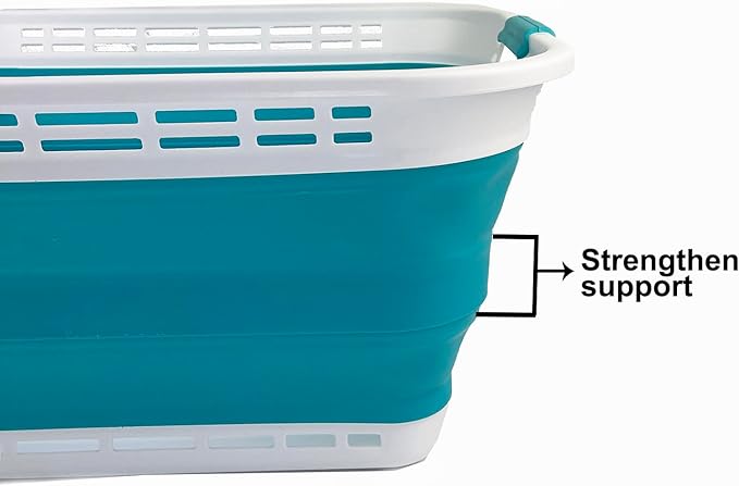 SAMMART 42L (11 Gallons) Collapsible Plastic Laundry Basket - Foldable Pop Up Storage Container/Organizer - Portable Washing Tub - Space Saving Hamper/Basket (White/Ceramic Blue)