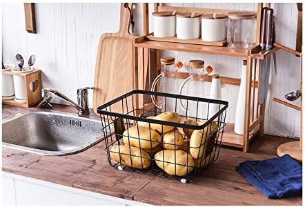 Handmade -Open Storage Bread Food Basket,Kitchen Cabinet and Pantry Storage Organizer Bin & Containers- Two Cut-Out Handles Wire Metal with Canvas Lining 13x10x7.5 Inches Black