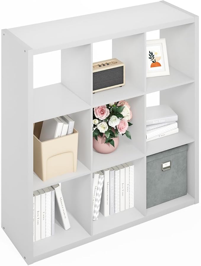 Furinno Simple Cube Storage Organizer, 9-Cube Display Shelf, Open Back Shelving Unit, Storage Shelves, Extra Thick Frame, for Organization and Storage, Living Room, Home Office, White