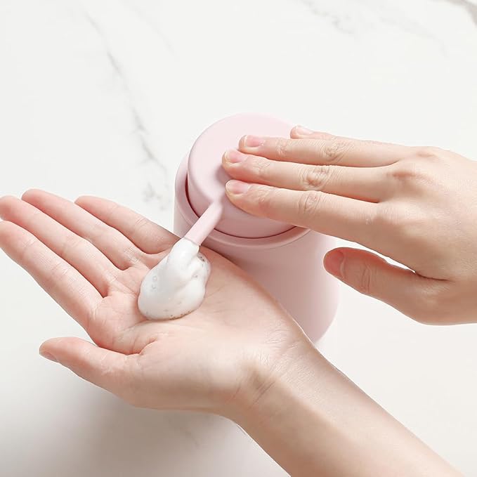 Matte Light Pink Foaming Hand Soap Dispenser Plastic 11 oz - Modern Minimalist Style for Bathroom & Kitchen Countertop Refillable