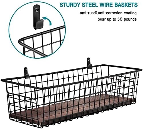 SheeChung 2 Set [Extra Large] Portable Metal Farmhouse Wall Decor Storage Organizer Basket Bin with Handles & Floating Shelves for Hanging in Bathroom, Kitchen, Office-Wall Mount Hooks, Black