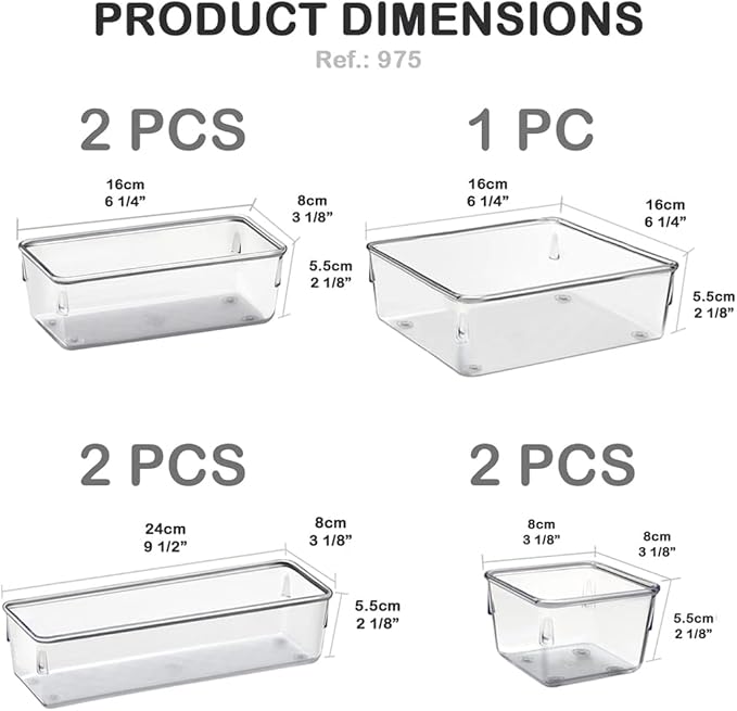 Acrimet Drawer Organizer Modular, Box Tray Storage Bins for Office, Home, Makeup, Kitchen, Junk Drawer (7 Units - 4 Sizes) (Clear Crystal Plastic)