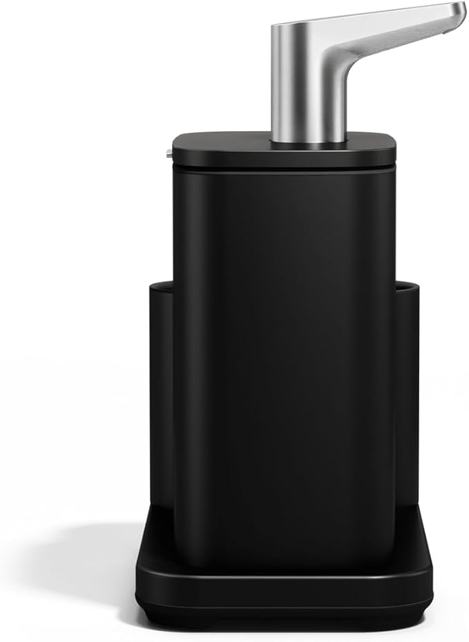simplehuman Pulse Pump, 16 oz. with Caddy, Premium Soap Dispenser for Kitchen and Bathroom, Drip and Clog Free Valve, Mess-Free Wide Refill, Magnetic Caddy for Sponge, Matte Black Stainless Steel