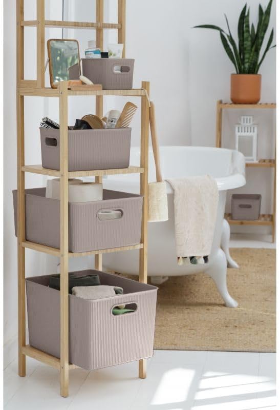Decorative Plastic Basket Open Home Storage Bins Organizer, Large Taupe (4 Pack) Container Boxes for Organizing Closet Storage Bins for Shelves Drawer Shelf - Ribbed Collection 15 Liter/16 Quart