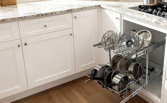 2 Tier Pull Out Pot and Pan Organizer,(20½"W x 22" D) Pull Out Cabinet Organizer for Pot Pan Lid Organization, Individual Pull Out Cabinet Organizer for 24 inch and above cabinet