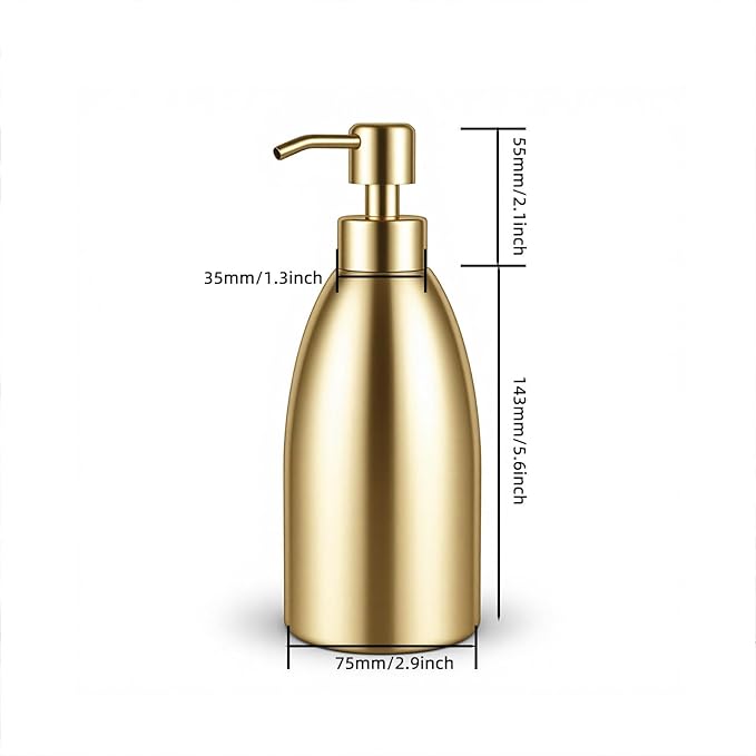 304 Stainless Steel Soap Dispenser 16oz Rust-Proof Liquid Soap Pump Bottle for Kitchen or Bathroom Countertop Hand Dish Lotion Leak-Proof (Matte Gold)