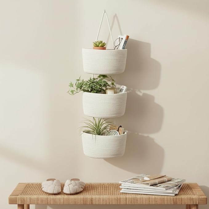 Britwicfr Over the Door Hanging Basket, Decorative Hanging Basket Storage, Organizing, Wall Basket Decorative Boho Decor for Nursery, Bedroom, Living Room with 4 Hooks, Whte