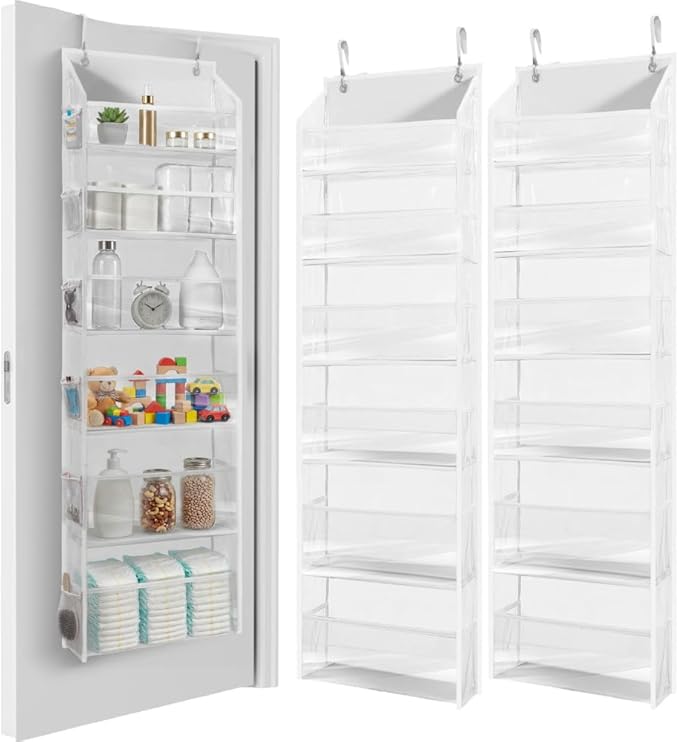 HOMELUX THEORY UPGRADED 6 Tiers Over The Door Organizer Hanging - 100D EXTRA THICK & 50lbs HUGE CAPACITY, 12 Side Mesh Pockets Over The Door Shoe Organizer, Hanging Closet Organizer (Transparent, 2pc)