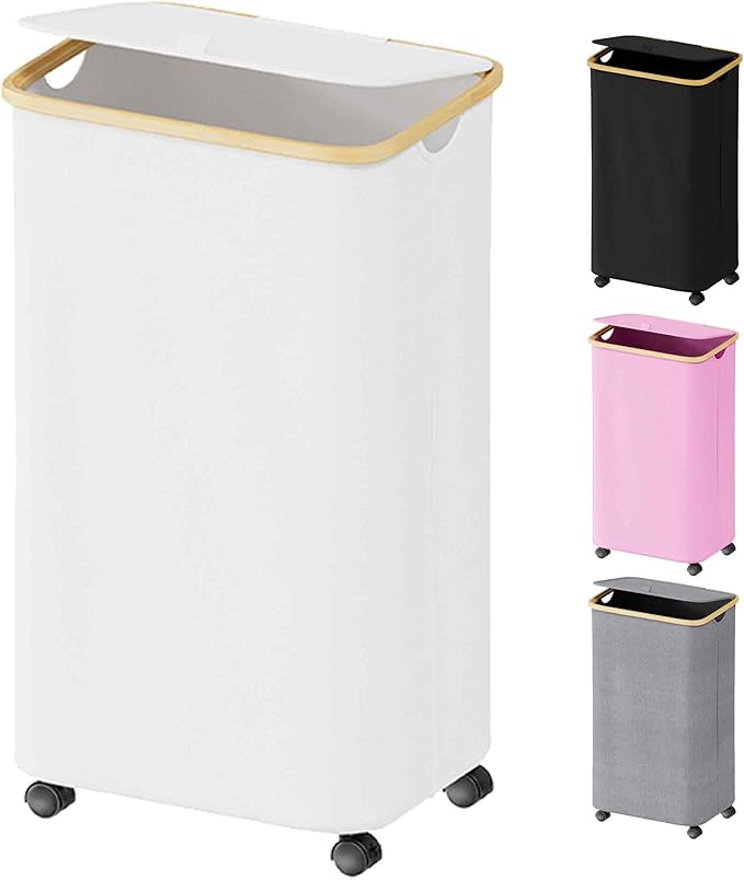 SUOCO Laundry Hamper on Wheels 100L, Clothes Basket with Lid and Bamboo Handles, Foldable Laundry Hamper for Bedroom, Bathroom, Dorm, Laundry Room - White
