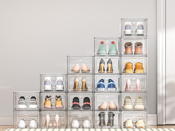 ARSTPEOE Upgrade Harder Solid Plastic Shoe Organizer, Shoe Storage with Magnetic Front Door, Shoe Rack 6 Pack Shoe Boxes Clear, Sneaker Storage, Shoe Organizer for Closet, Shoe Display Case, Black