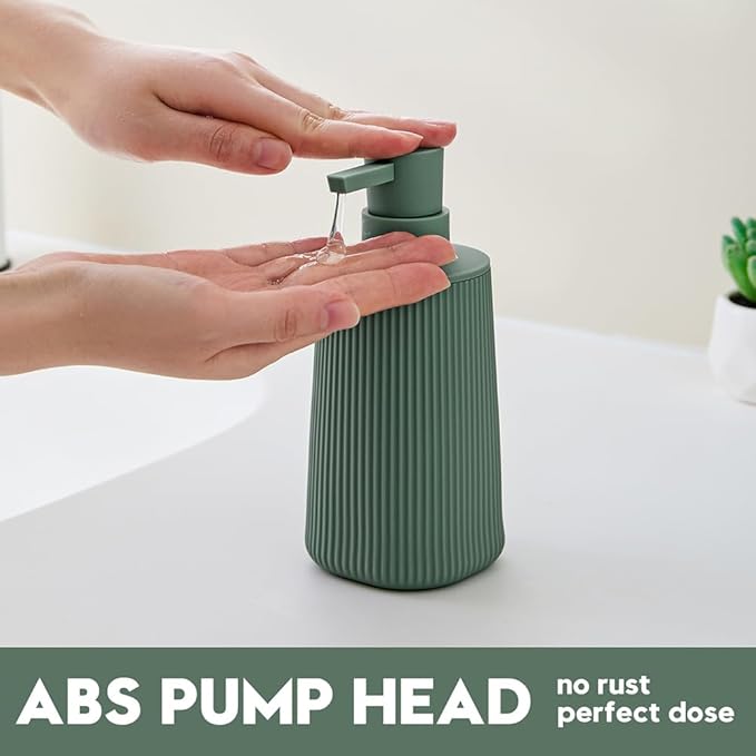 Small Soap Dispenser for Bathroom and Kitchen, Modern Farmhouse Striped Style Plastic Hand Soap Dish Soap Dispenser with Pump Matte Green