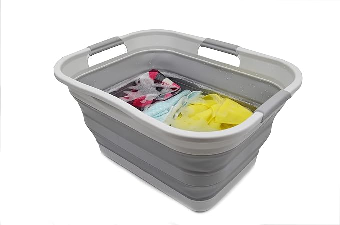 SAMMART 30L(8 gallon) Collapsible Plastic Laundry Basket - Foldable Pop Up Storage Container/Organizer - Portable Washing Tub - Space Saving Hamper/Basket - Water Capacity 24L(6.3 gallon) (1, Grey)