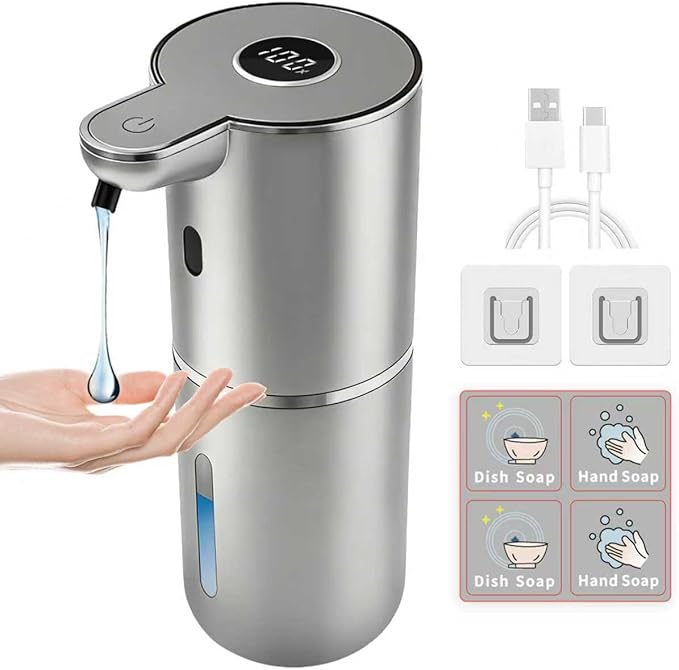 Automatic Soap Dispenser, Touchless Liquid Soap Dispensers, USB Rechargeable, 6-Level Adjustable Volume Control, 12.8oz/380ml, Wall Mount for Kitchen, Bathroom, Free Liquid Dispenser Stickers (Silver)