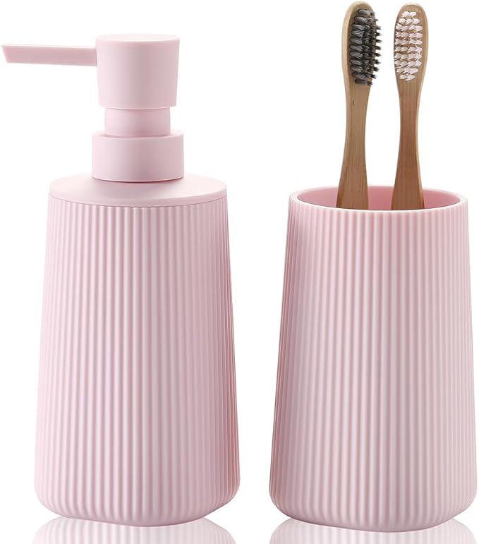 Bathroom Accessories 2 Piece Soap Dispenser and Toothbrush Holder Set Striped Pink