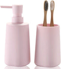 Bathroom Accessories 2 Piece Soap Dispenser and Toothbrush Holder Set Striped Pink