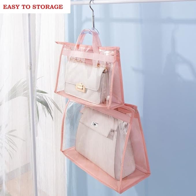 CINPIUK Handbag Dust Bags Clear Purse Storage Organizer for Closet Small to Extra Large Handbags Dust Free Bags Hanging Zipper Storage Bag with Hooks, (Pink, 4 Sizes-4PCS)