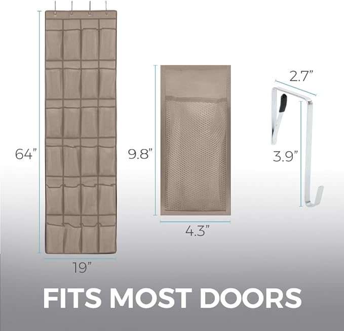 HOME GENIE Over the Door Hanging Shoe Organizer, 2 Pack, 24 Breathable Mesh Pockets, Closet Rack Storage Holder Stay in Place Hooks Hang on Closets, Hanger Holds Up to 40 lbs, Shoes, Accessories Beige