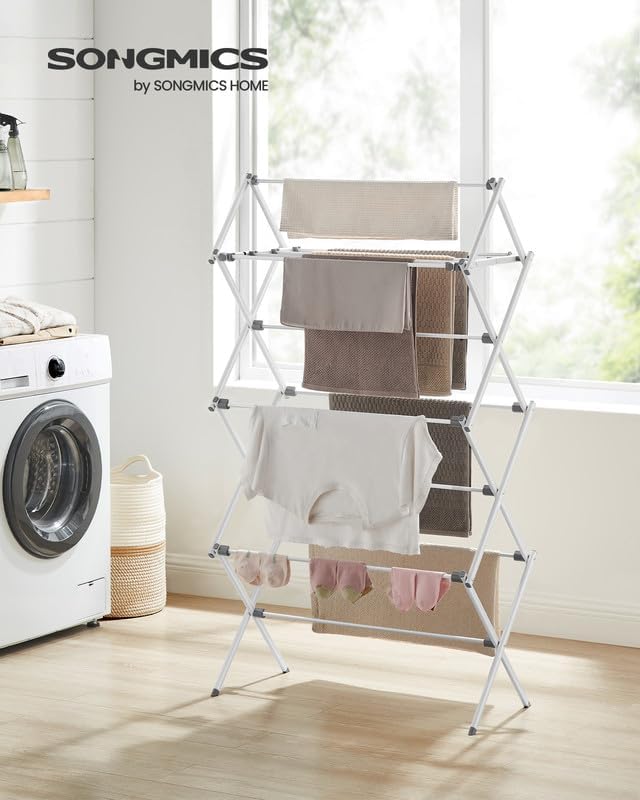 SONGMICS Foldable Clothes Drying Rack, Laundry Drying Rack, Clothes Airer, Steel Frame, 14.6 x 29.5 x 53.2 Inches, Easy Assembly, Indoor Outdoor Use, White ULLR770W01