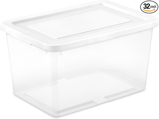 Sterilite 32 Pack Storage Box, 20 Quart Stackable Tote, Clear Plastic Container with Secure Snapping Lids for Home and Office Organization, White