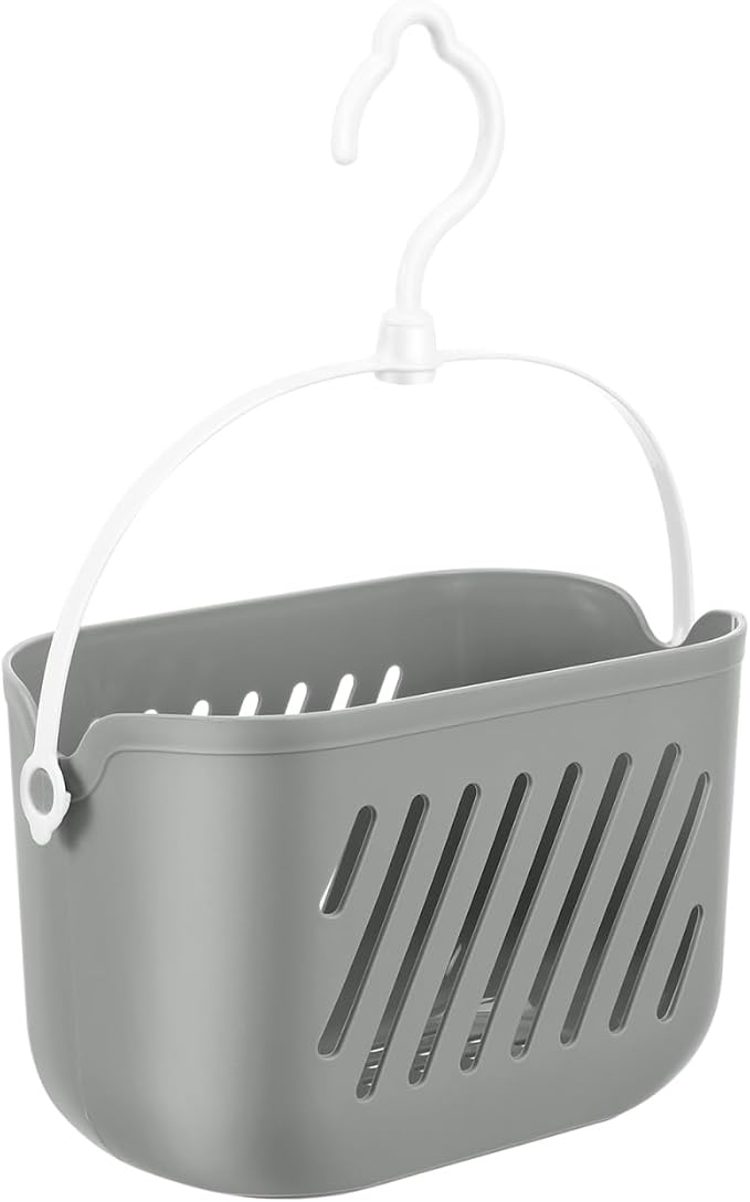 DECHOUS Small Plastic Hanging Storage Basket with 360 Rotation Hook - Grey Hanging Shower Caddy Basket for Bathroom Shampoo, Kitchen Essentials Organizer