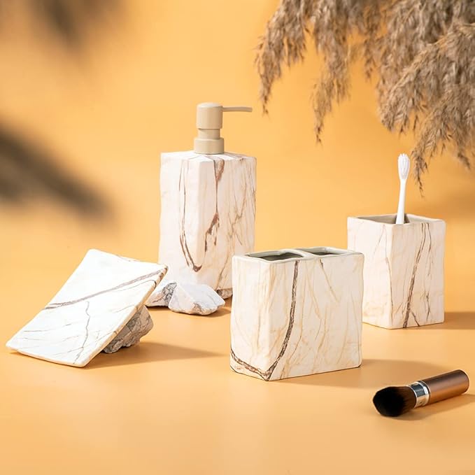 Bathroom Accessories Set 4 Pieces Toothbrush Holder Soap Dispenser Ceramic Bathroom Decor Set Contain Toothbrush Cup Soap Dish Tumbler Marble Brown