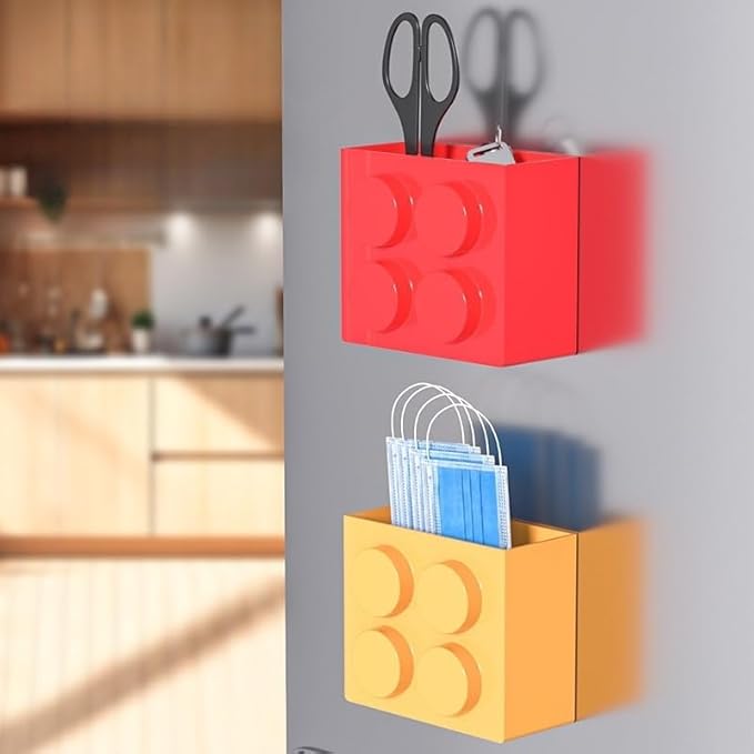 Magnetic Basket Organizer for Fridge - Lego-Style ABS Plastic Storage Box, No Drill Design for Kitchen Counter, Microwave & Whiteboard, Holds Up to 3.5 lbs (Red)